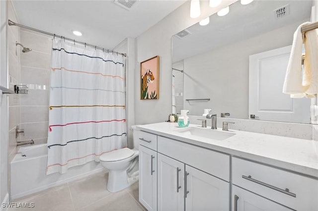 20250 Napa Loop, Estero, FL 33928 - bathroom featuring tile patterned floors, vanity, shower / tub combo with curtain, toilet, and visible vents