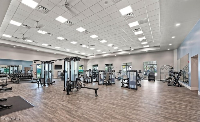 20250 Napa Loop, Estero, FL 33928 - workout area featuring wood finished floors, a high ceiling, and a drop ceiling
