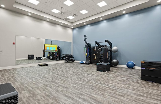 20250 Napa Loop, Estero, FL 33928 - workout area featuring baseboards, wood finished floors, a high ceiling, and a drop ceiling