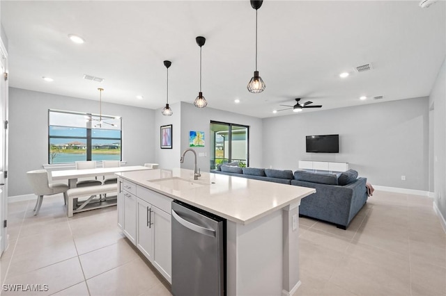 20250 Napa Loop, Estero, FL 33928 - kitchen with recessed lighting, light countertops, dishwasher, a sink, and ceiling fan