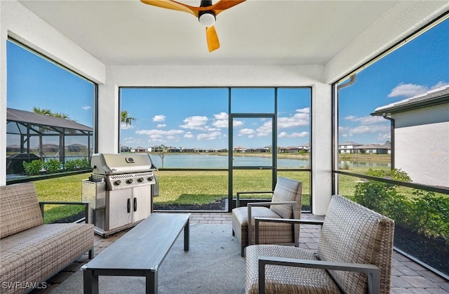 20250 Napa Loop, Estero, FL 33928 - sunroom / solarium with plenty of natural light, a water view, outdoor lounge area, and ceiling fan