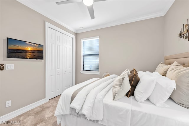 14482 Tuscany Pointe Trl, Naples, FL 34120 - bedroom with baseboards, ornamental molding, a closet, and ceiling fan