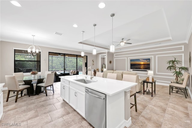 14482 Tuscany Pointe Trl, Naples, FL 34120 - kitchen featuring dishwasher, ceiling fan, a center island with sink, open floor plan, and light countertops