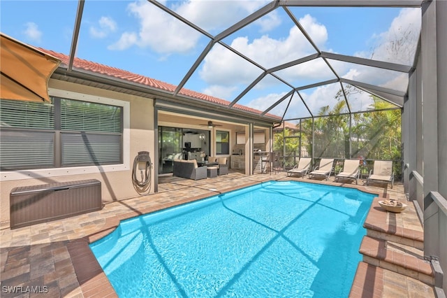 14482 Tuscany Pointe Trl, Naples, FL 34120 - outdoor pool with a patio, ceiling fan, an outdoor living space, and glass enclosure