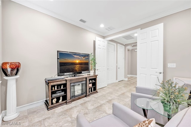 14482 Tuscany Pointe Trl, Naples, FL 34120 - living room featuring visible vents, ornamental molding, baseboards, and recessed lighting
