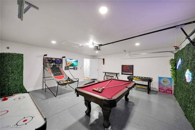 rec room with a garage, recessed lighting, pool table, baseboards, and speckled floor