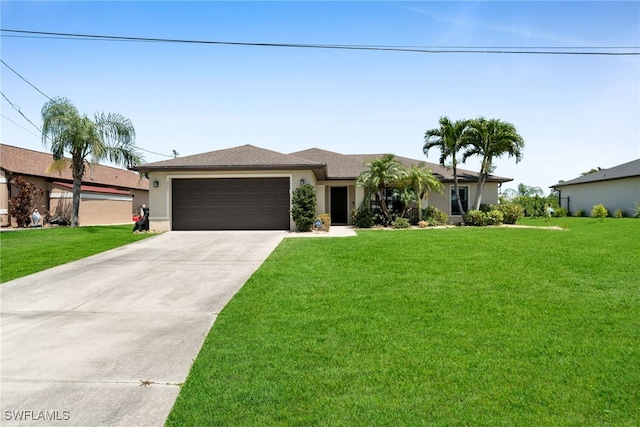 single story home featuring an attached garage, stucco siding, driveway, and a front lawn