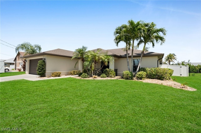 ranch-style home featuring stucco siding, driveway, and an attached garage