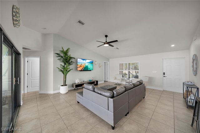 living area featuring light tile patterned floors, a ceiling fan, vaulted ceiling, and recessed lighting