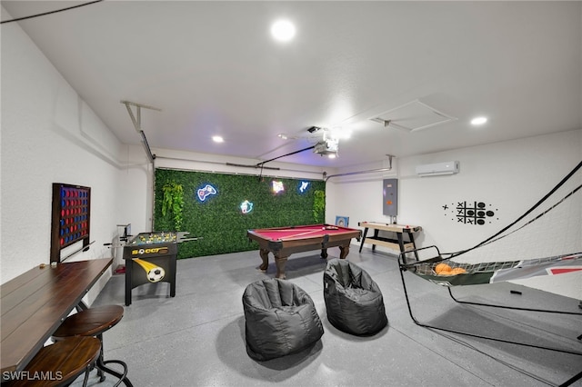 playroom with electric panel, an AC wall unit, billiards, and recessed lighting
