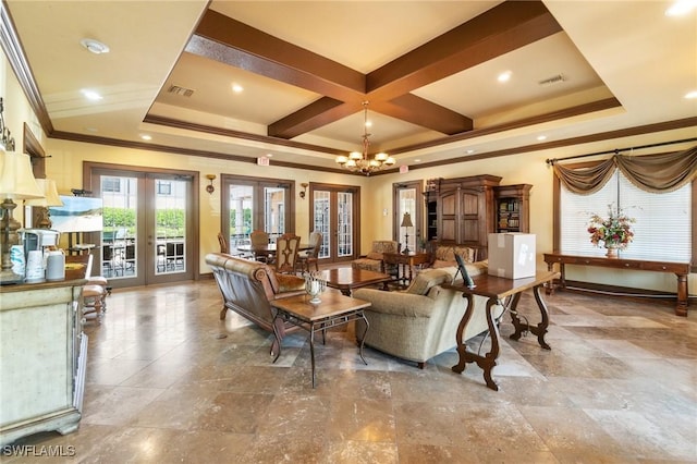 1259 Carpazi Ct Unit 302, Naples, FL 34105 - living area featuring visible vents, french doors, crown molding, and a notable chandelier