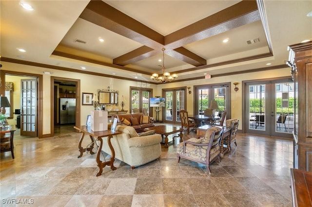1259 Carpazi Ct Unit 302, Naples, FL 34105 - living area featuring ornamental molding, visible vents, french doors, and baseboards