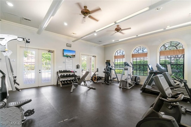 1259 Carpazi Ct Unit 302, Naples, FL 34105 - gym with visible vents, a ceiling fan, french doors, and crown molding
