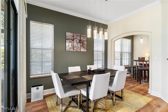 1259 Carpazi Ct Unit 302, Naples, FL 34105 - dining space with baseboards, wood finished floors, ornamental molding, and arched walkways