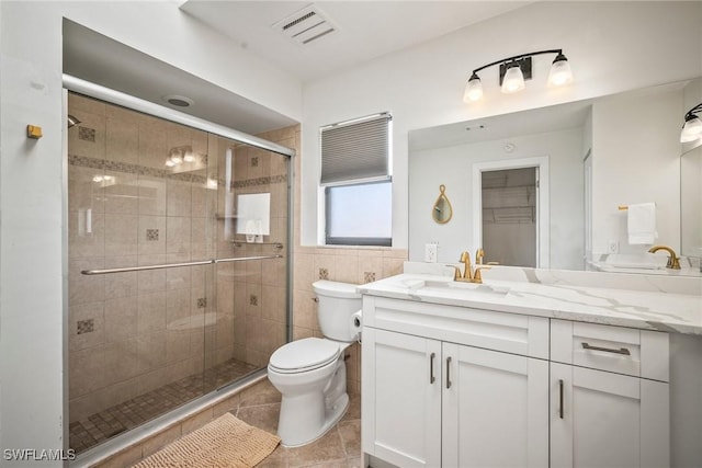 20640 Porthole Ct, Estero, FL 33928 - bathroom with tile patterned flooring, visible vents, toilet, vanity, and a stall shower