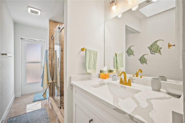 20640 Porthole Ct, Estero, FL 33928 - bathroom with vanity, a skylight, a stall shower, and visible vents