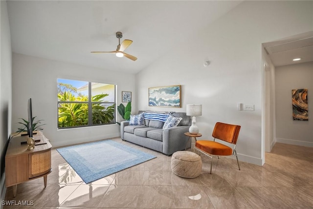 20640 Porthole Ct, Estero, FL 33928 - living area featuring attic access, ceiling fan, lofted ceiling, and baseboards