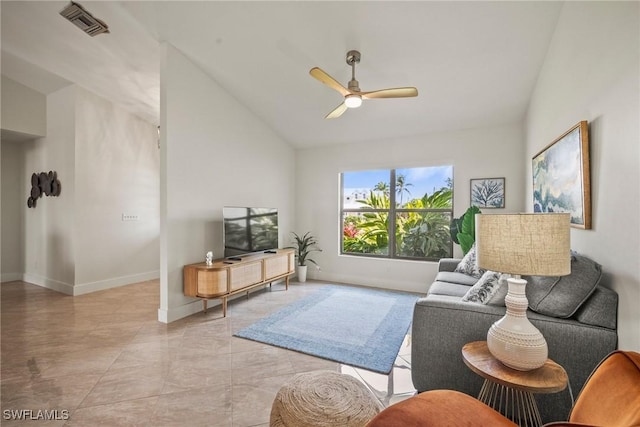 20640 Porthole Ct, Estero, FL 33928 - living room with lofted ceiling, visible vents, baseboards, and ceiling fan