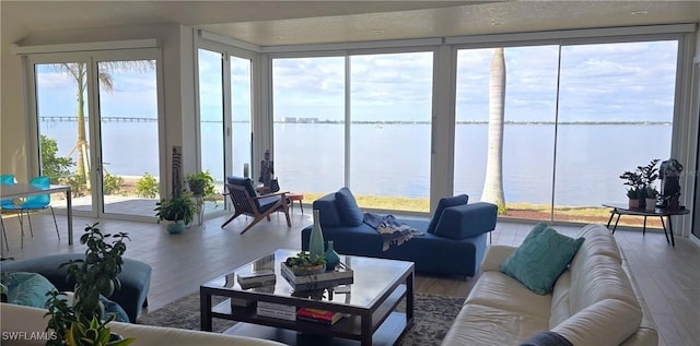 living room featuring wood finished floors and a water view