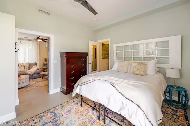 bedroom featuring baseboards, visible vents, ceiling fan, and concrete floors