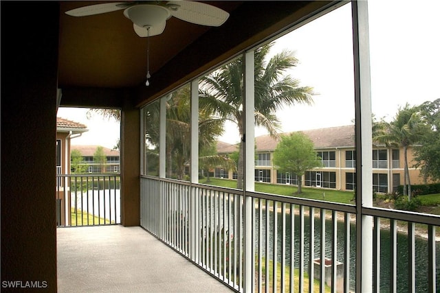 balcony featuring ceiling fan