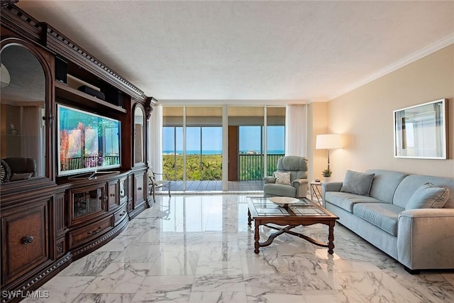 7515 Pelican Bay Blvd Unit 7B, Naples, FL 34108 - living room with floor to ceiling windows, crown molding, and marble finish floor