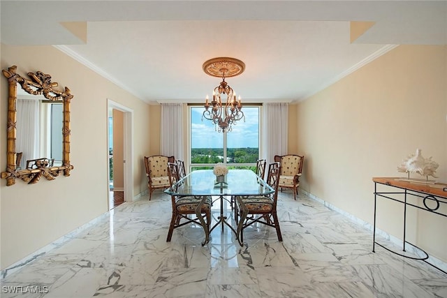 7515 Pelican Bay Blvd Unit 7B, Naples, FL 34108 - dining space featuring baseboards, a notable chandelier, crown molding, and marble finish floor