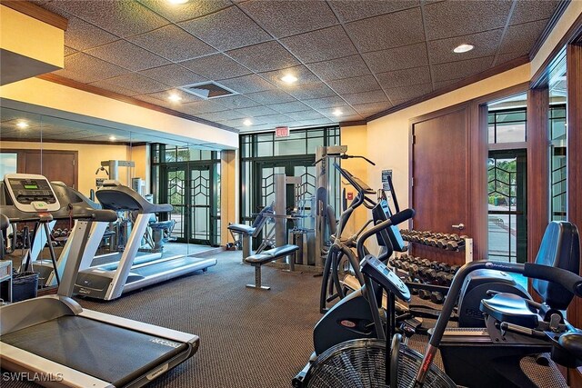 7515 Pelican Bay Blvd Unit 7B, Naples, FL 34108 - gym with visible vents, ornamental molding, carpet flooring, and recessed lighting