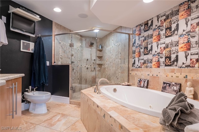 full bathroom with a stall shower, a bidet, a garden tub, and recessed lighting