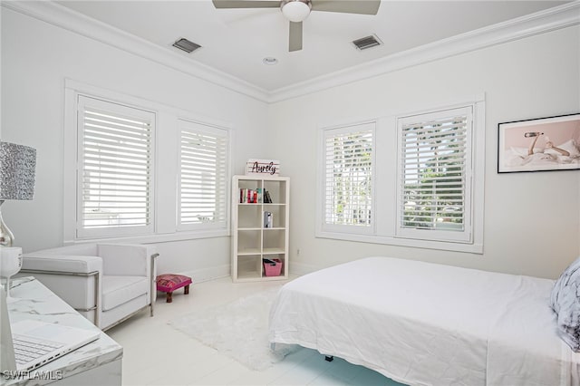 bedroom with baseboards, ceiling fan, ornamental molding, and visible vents