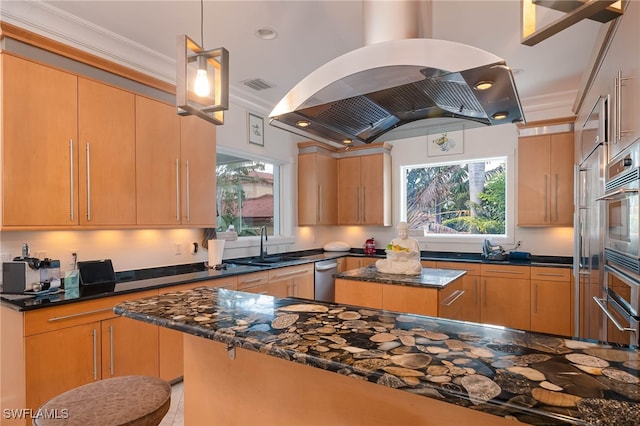 kitchen with ornamental molding, plenty of natural light, island exhaust hood, and visible vents