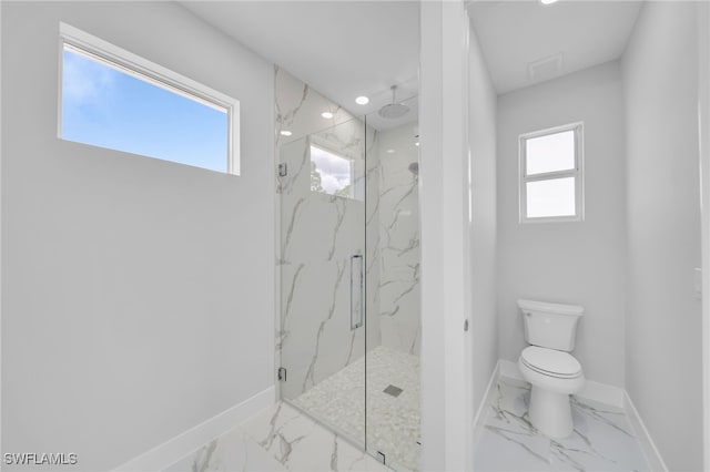 2932 18th St SW, Lehigh Acres, FL 33976 - bathroom featuring baseboards, marble look tile flooring, a marble finish shower, toilet, and recessed lighting