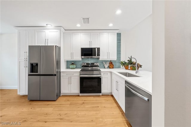 kitchen with white cabinets, a sink, appliances with stainless steel finishes, light countertops, and backsplash