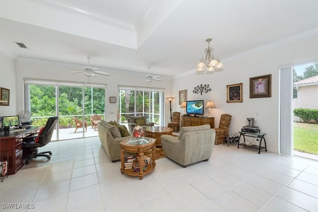 living room with crown molding, visible vents, light tile patterned floors, and a healthy amount of sunlight