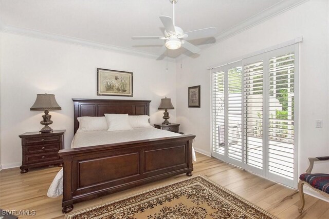 bedroom featuring ornamental molding, ceiling fan, access to outside, and light wood-style flooring