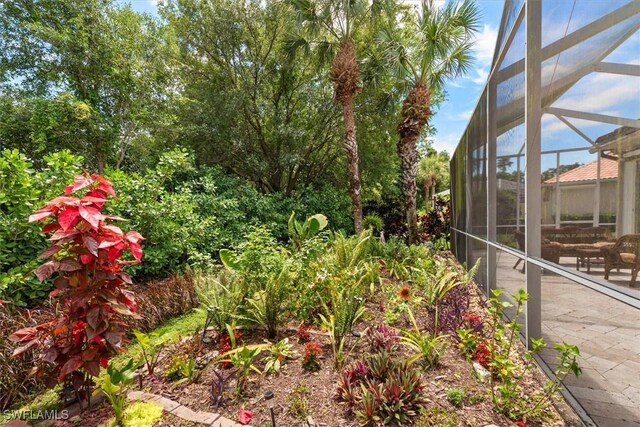 view of yard with glass enclosure and a patio area