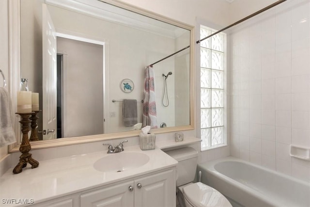 full bath with shower / bath combo, toilet, and vanity