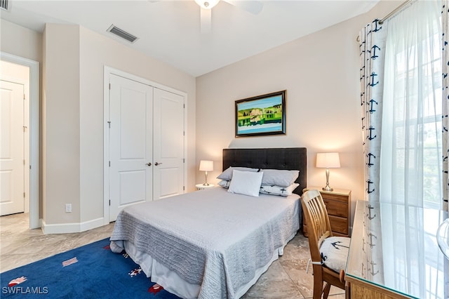 bedroom featuring a closet, visible vents, a ceiling fan, and baseboards