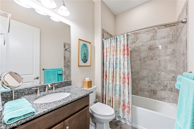 full bath with toilet, vanity, and shower / bathtub combination with curtain
