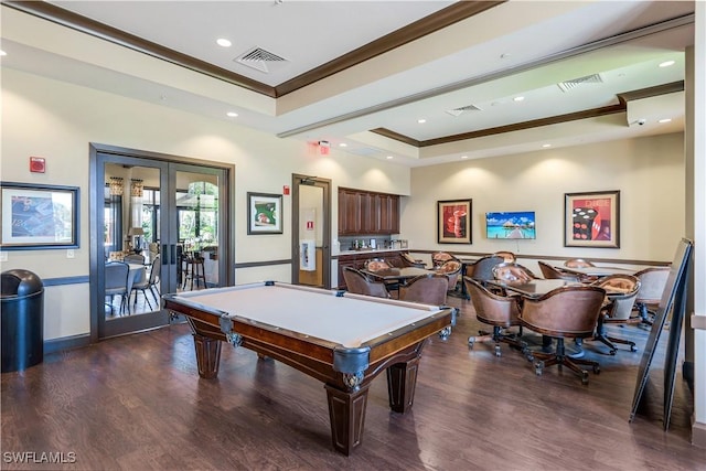 rec room with french doors, visible vents, a raised ceiling, and crown molding
