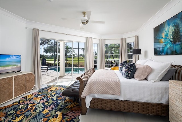 bedroom with a ceiling fan, access to outside, multiple windows, and crown molding