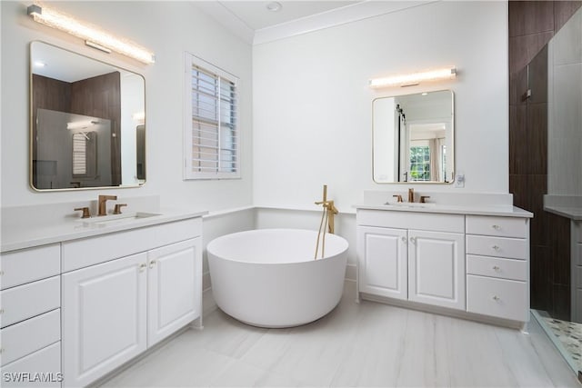 bathroom featuring a freestanding tub, two vanities, and a sink