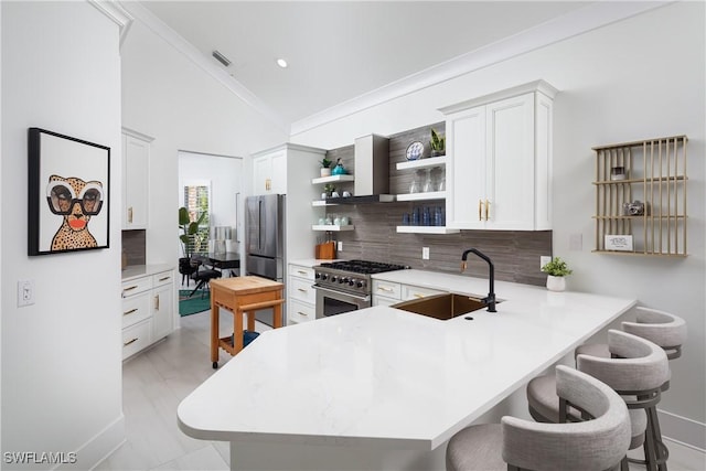 kitchen with light countertops, stainless steel appliances, open shelves, and a sink