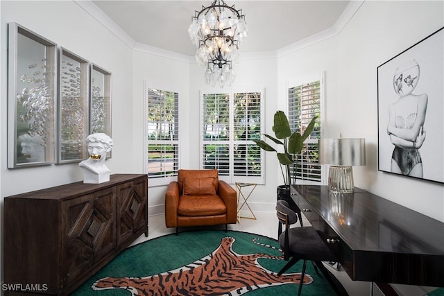 sitting room with a chandelier and ornamental molding