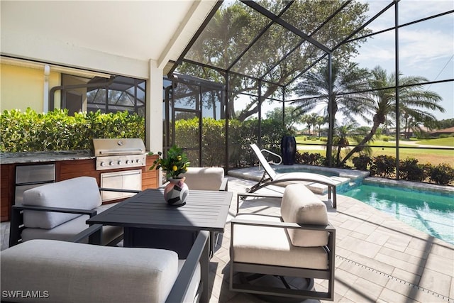 view of patio with an outdoor pool, a lanai, area for grilling, and an in ground hot tub