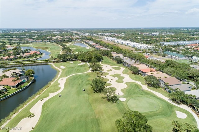 bird's eye view with a residential view, a water view, and golf course view