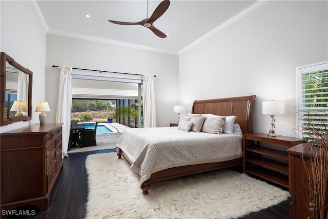bedroom with crown molding, ceiling fan, access to outside, and dark wood-type flooring