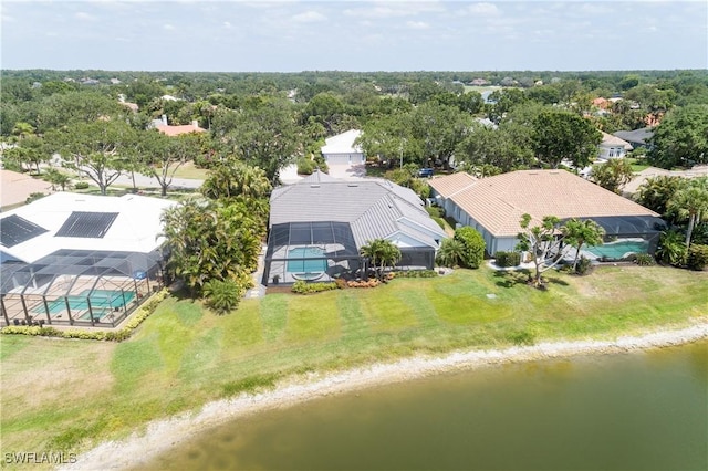 aerial view featuring a water view