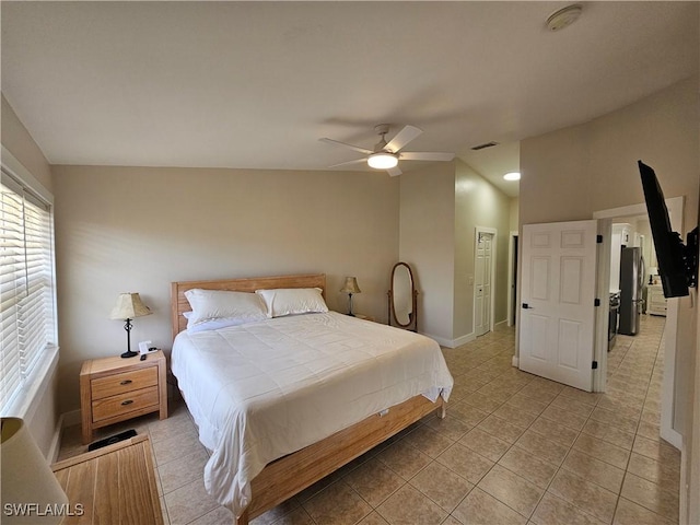 19942 Lake Vista Cir N Unit 2, Lehigh Acres, FL 33936 - bedroom featuring baseboards, a ceiling fan, visible vents, and light tile patterned floors