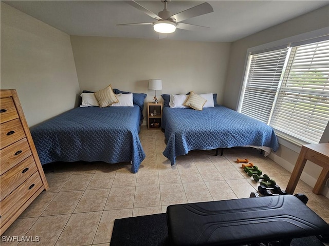 19942 Lake Vista Cir N Unit 2, Lehigh Acres, FL 33936 - bedroom with ceiling fan, baseboards, and light tile patterned flooring